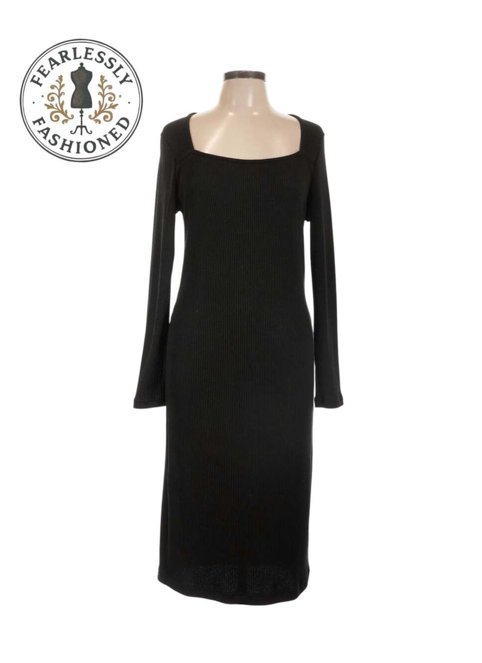 Banana Republic Rib-Knit Midi Dress Size L Tall Black Square Neck